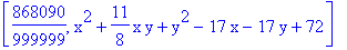 [868090/999999, x^2+11/8*x*y+y^2-17*x-17*y+72]